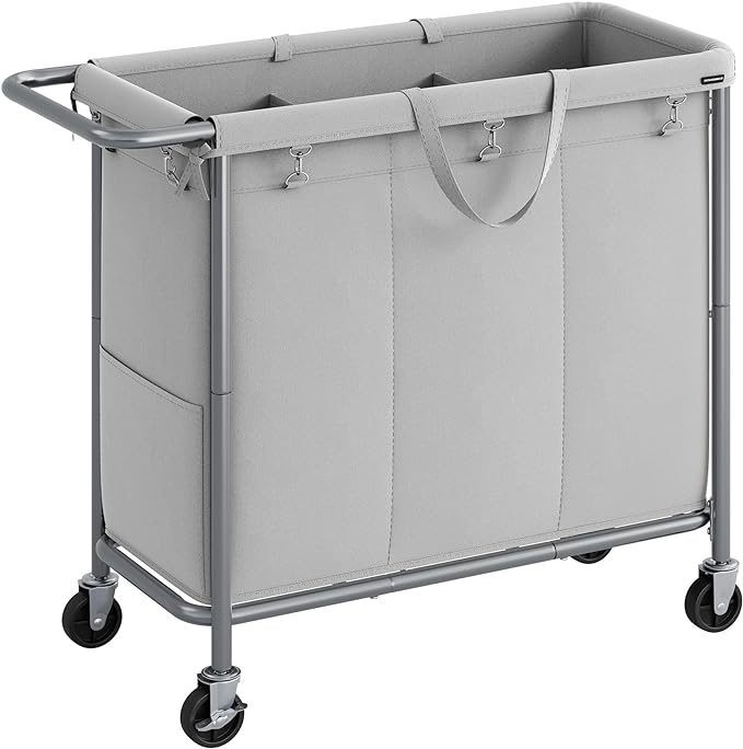 SONGMICS Laundry Basket with Wheels, 3-Section Rolling Laundry Hamper, 52.8 Gallons (200 L), Removable Liner, Steel Frame with Handle, 35.8 x 15.4 x 31.9 Inches, Dove Gray URLS005G01