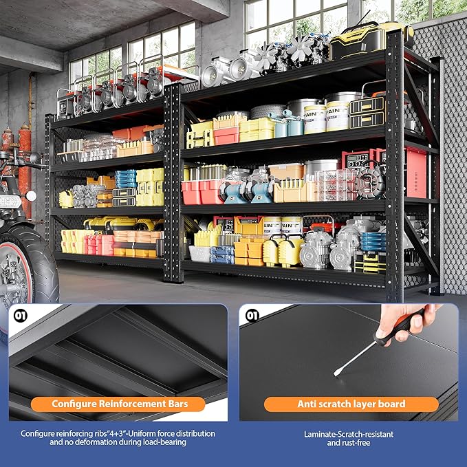 5000LBS Storage Shelves, 71" W Heavy Duty Garage Shelving Unit, Adjustable Industrial Shelving, 4 Tier Metal Shelving for Garage, Supermarket, Warehouse, 71" W x 24" D x 70" H