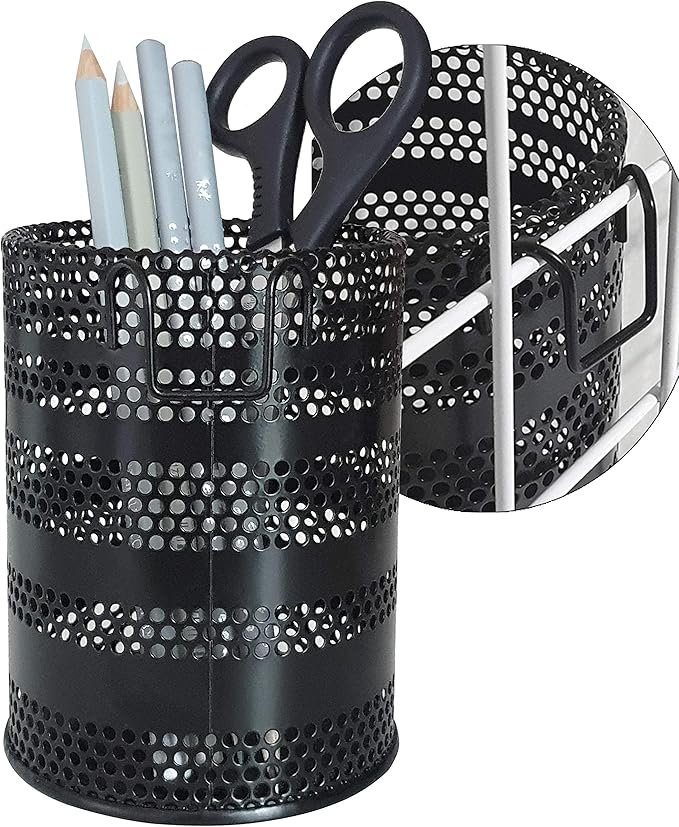 Metal Hook Wall Mounted Pen Pencil Holder, Office Desk Organizer with Hook for Hanging on Wire Mesh Wall Grid Panel (Black, Mid)