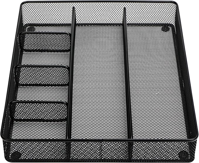 Annova Desk Top Organizer Tray for Office Organization - Metal Mesh - Storage Tray with Dividers for Pens, Desktop Accessories, Bathroom, Kitchen, Makeup and Office Supplies (Large, Black)