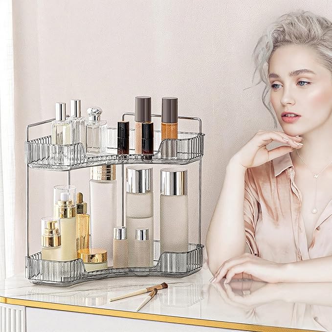 Corner Bathroom Countertop Organizer, 2 Tiers Vanity Trays for Counter, Makeup Organizers, Perfume Tray, Kitchen Spice Rack, Smoky Gray