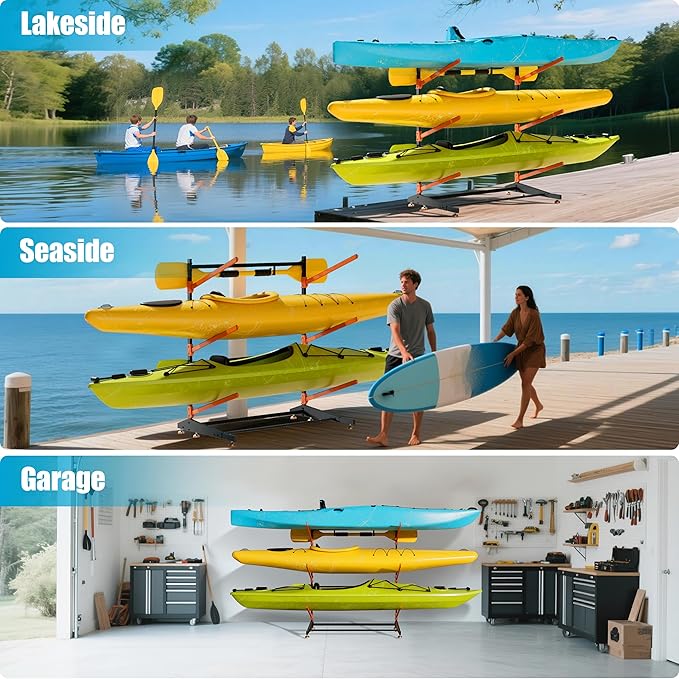 Kayak Storage Rack, Adjustable Outdoor Canoe Rack, Reinforced, Thickened, and Enhanced Rust Resistance, Holds 330 lbs, for Safe Dock and Outdoor Kayak Storage(3-Tier, Orange)