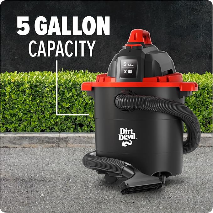 Dirt Devil 5 Gallon Corded Wet Dry Shop Vacuum, Portable, Heavy Duty Vacuum for Garage, Home, Workshop or Vehicle, Compact Design with Versatile Tools, Wet/Dry Shop Vac