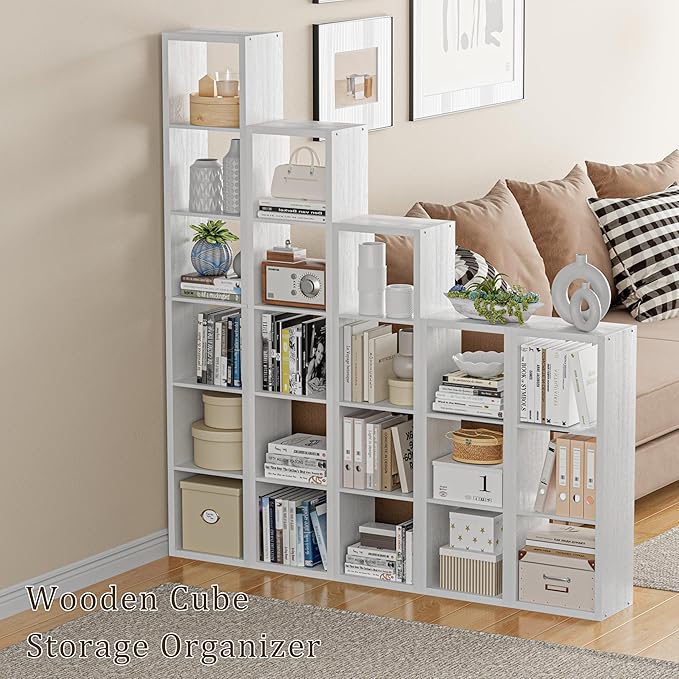 Tall Cube Storage Organizer Bookcase, 6 Tier 11 inch Open Back Cubical Shelf with Thickened Border, Display Bookshelf for Living Room, Home Office, Sturdy Room (White, 6 Cube,Vertical)