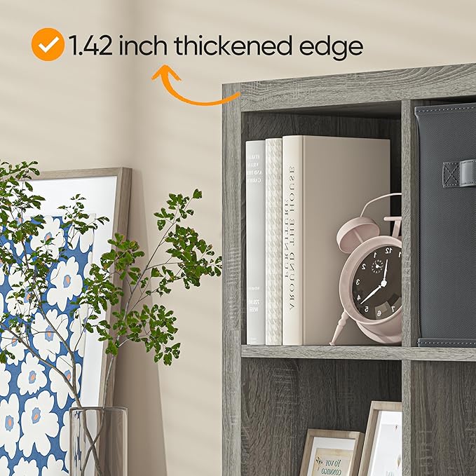 Bookshelf with Storage Bins, 9-Cube Storage Organizer Sturdy Wooden Bookcase Open Book Shelf, Multifunctional Cubicle Rack for Storage & Display, Furniture for Living Room Bedroom Office, Gray Oak