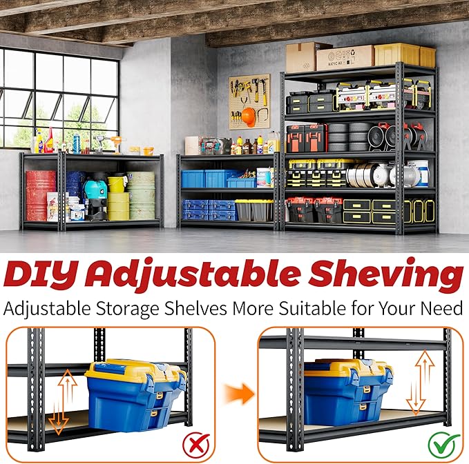 72" H Storage Shelves with Reinforced,2000LBS Garage Shelving,Adjustable Metal Shelving Unit,Garage Shelve Heavy Duty for Basement, Warehouse, Kitchen,35.6" W × 16" D × 72" H, Black