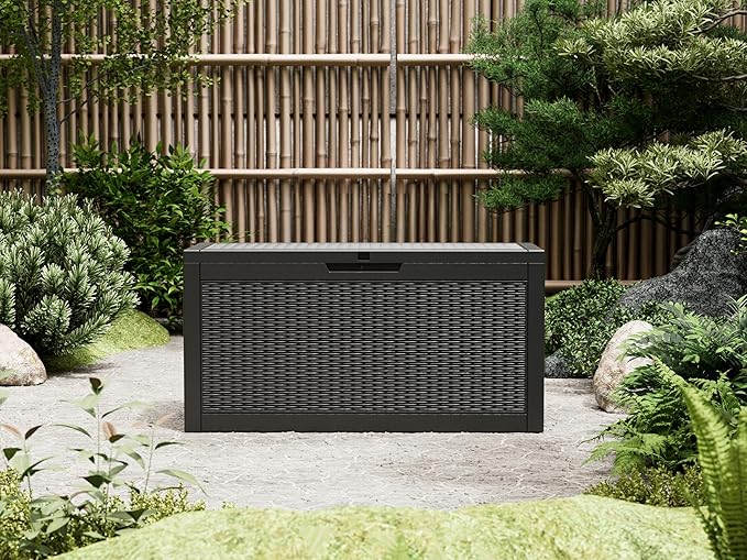 60 Gallon Outdoor Storage Deck Box Waterproof,Large Resin Storage Container for Outside,Patio Accessories for Outsid,Backyard Delivery Boxes,Lockable Lid,Rattan Gray