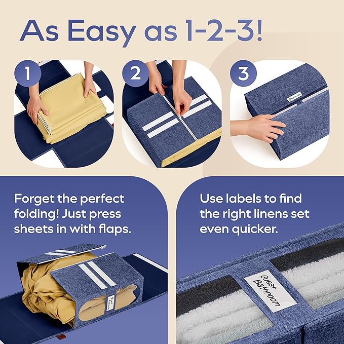 4x Bed Sheet Organizer Storage Boxes with Big See-Through Windows - Bedsheet Organizers Redesigned. Robust Bed Sheet Storage -15x13x5 Inches Sheet Organizers Containers (Denim)