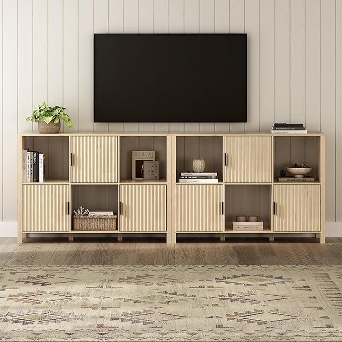 Fluted Storage Bookshelf, Modern Wood Freestanding Bookcase with Doors and Open Shelf, 2-Tier Short Organizer Shelf for Living Room, Bedroom Light Oak