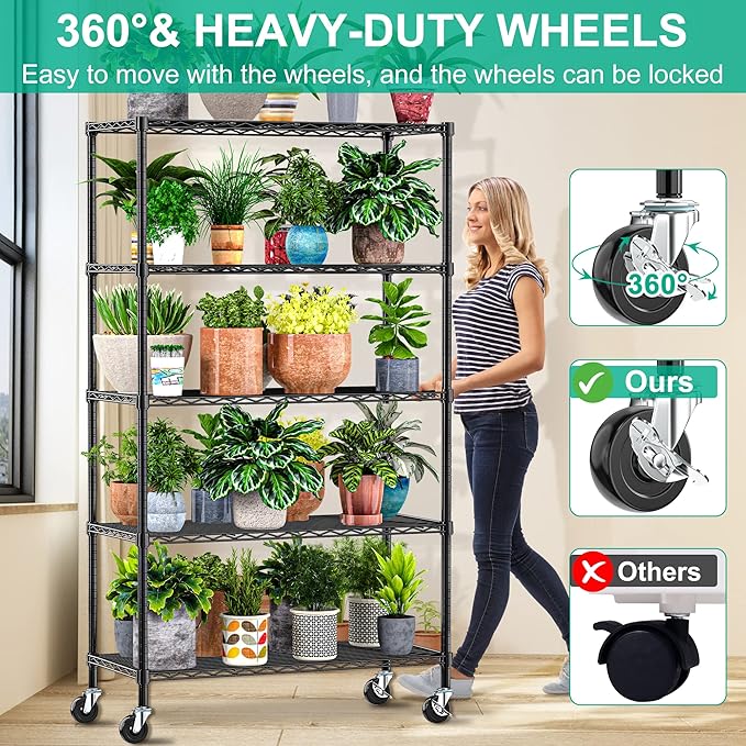 5 Tier Storage Shelves with Wheels - Adjustable Wire Shelving Unit Metal Shelves for Storage Rolling Utility Shelf Organizer Rack for Kitchen Garage Pantry Closet Laundry(14D x 36W x 75H)