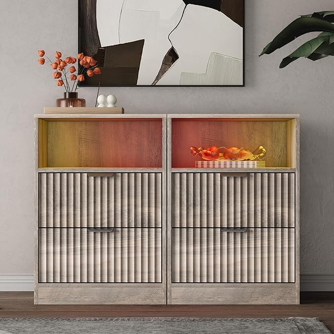 LED Nightstand with Charging Station, Fluted Nightstand Set of 2, Wood Nightstands with 2 Drawers & Metal Handles, Modern Bedside Table & End Tables, Farmhouse Night Stands for Bedroom, Grey