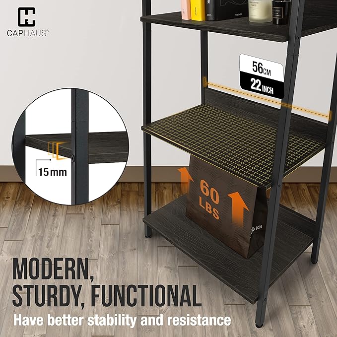 CAPHAUS 4 Tier Ladder Bookshelf, 24 Inch Width Free Standing Shelf, Bookcase Shelf Storage Rack Organizer, Industrial Book Shelves for Home Office, Living Room, Kitchen, Black Wooden Shelves