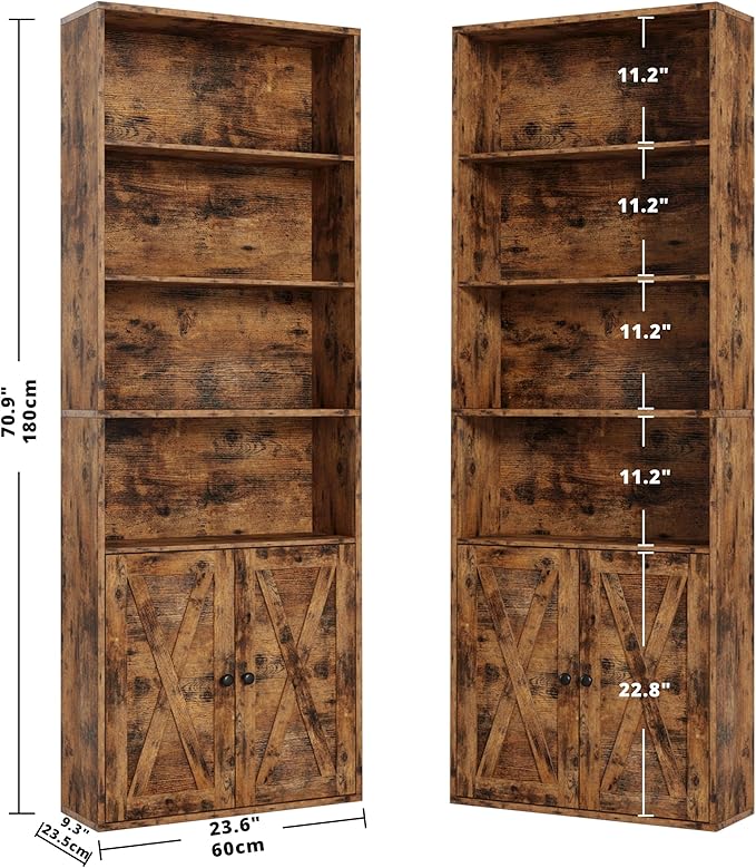 IRONCK Industrial Bookshelves and Bookcases with Doors Set of Two Floor Standing 6 Shelf Display Storage Shelves 70 in Tall Bookcase for Home Office, Living Room