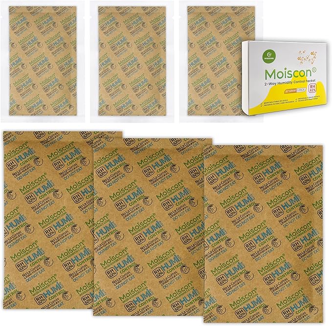 62% Two-Way Humidity Control Packs, 67 Gram 5 Pack for Storing 1 lb, Size 67 Moisture Control Packets Individually Wrapped, Humidifier Packs for Storage Containers