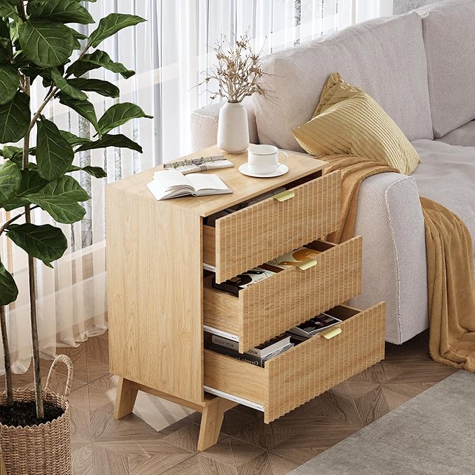 Natural Oak Night Stand with 3 Drawers, Bedside Table & End Table, 24" Wide Mid Century Modern Fluted Wood Nightstand with Metal Handles, Farmhouse Night Stands for Bedroom