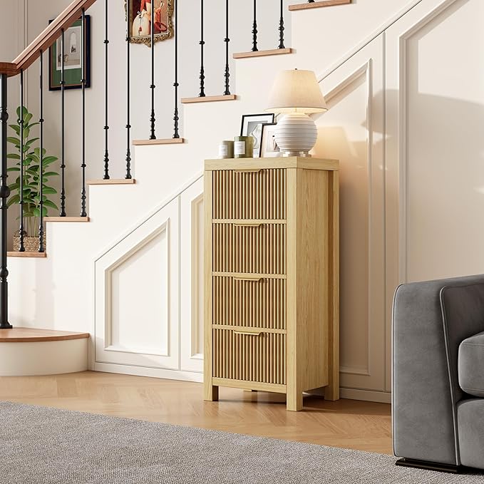 Modern 4-Drawer Solid Wood Dresser with Fluted Front & Gold Handles, Multifunctional Tall Storage Chest, for Hallway, Entryway, Natural