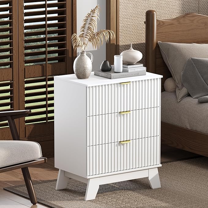 Night Stand Set 2, Bedside Table & End Table, Mid Century Modern Fluted Wood Nightstand with 3 Drawers & Metal Handles, Farmhouse Nightstand for Bedroom, White