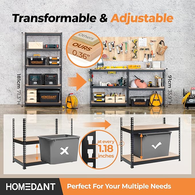 HOMEDANT 5 Tier Storage Shelves Adjustable Laminated Boltless Garage Metal Shelving Unit Heavy Duty Utility Rack Shelf Warehouse Pantry Closet Kitchen (3, (M) 35.9" W, Black)