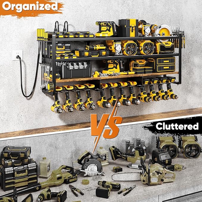 49.5" W Large Power Tool Organizer with Charging Station, 4 Layer Heavy Duty Utility Rack Loads 800lbs, Holds 8 Cordless Drills, Wall Mount Tool Shelf with 8-Outlet Power Strip, Gift for Men