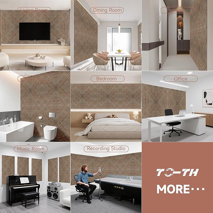 TO-TH Acoustic Panels for Wall and Ceiling - 6 Pack 2'x2'x0.4,Self-Adhesive 3D UV Printing Decorative Wall Panels with Wood Look,Natural Walnut