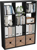 Cube Storage Organizer Bookcase, Decorative 11 inch Open Back Cubical Shelf with Thickened Border, Display Bookshelf for Living Room, Home Office, Sturdy Room (Black, 12 Cube)