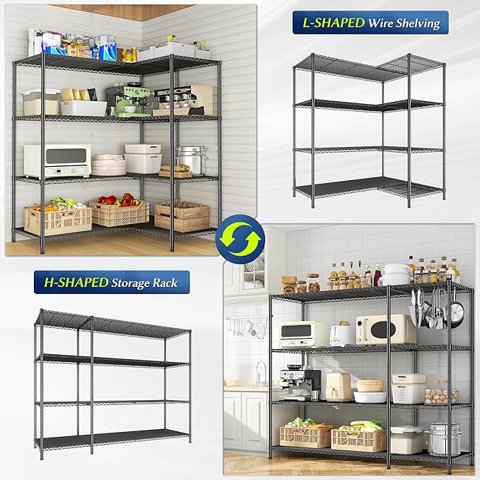 RRomorgniz 52.4W Wire Shelving Rack, 4Tier Metal Shelving Unit,1120LBS Heavy Duty Storage Shelves,Adjustable Pantry Shelves, Metal Shelf and Storage Rack,Industrial Shelving 52.4Wx13.8Dx59H,2PCS