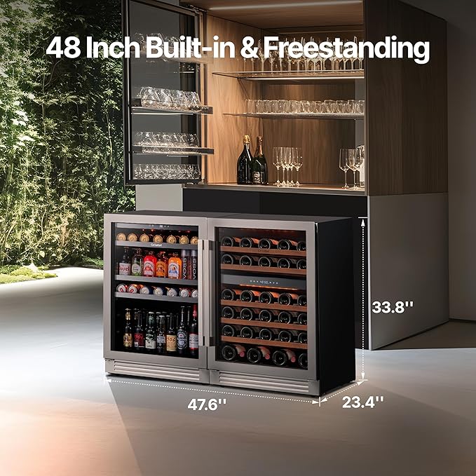 Ca'Lefort Wine Beverage Refrigerator Bundle - 48 Inch 34-65°F Drink Fridge Glass Door, 3 LED Dual Zone Wine Fridge Built-in or Freestanding, Holds 220 Cans and 46 Bottles (11.3 Cu.ft)