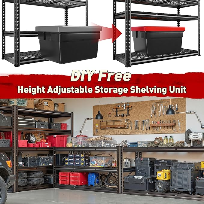 REIBII 2800LBS Garage Shelving 48.2" W Storage Shelves Heavy Duty 5-Tier Adjustable Matel Shelving Easy Assembly Storage Shelf for Garage Basement Warehouse Pantry, 48.2" W X 17.8" D X 72.2" H
