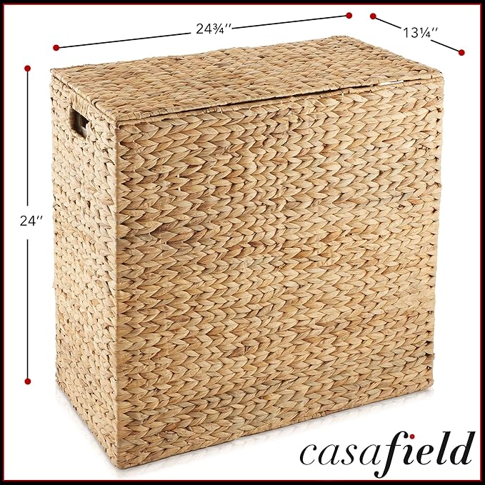 Casafield 2-Section Laundry Hamper with Removable Liner Bags - Natural, Woven Water Hyacinth Double Laundry Basket Sorter for Clothes and Towels