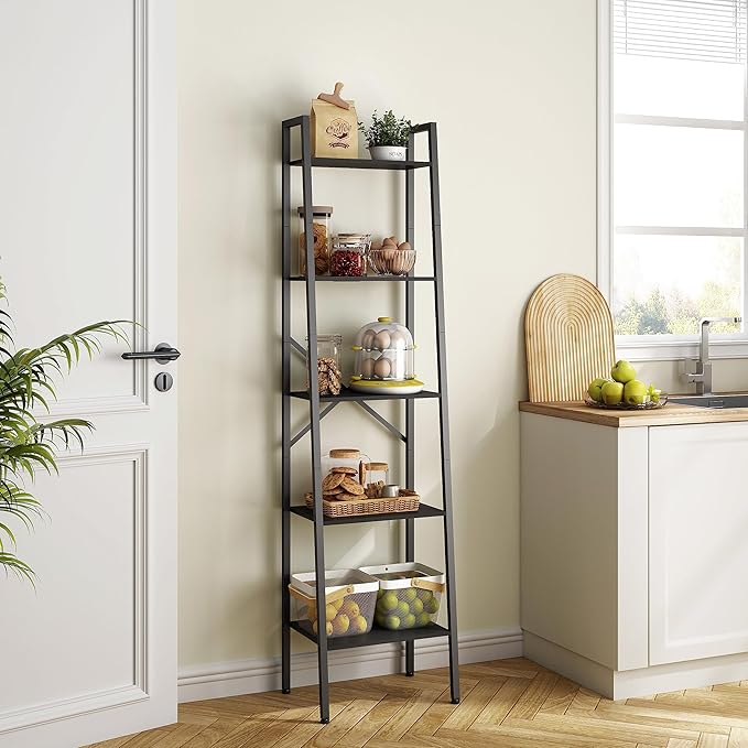 Hoctieon 5-Tier Industrial Ladder Bookshelf, Narrow Ladder Shelf, Tall Standing Bookshelf, Skinny Open Ladder Shelf, for Living Room, Home Office, Kitchen, Bedroom, Metal Frame, Black