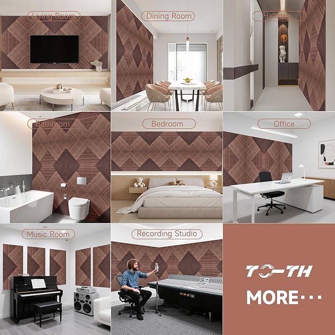 TO-TH Acoustic Panels for Wall and Ceiling - 6 Pack 2'x2'x0.4",Self-Adhesive 3D UV Printing Decorative Wall Panels with Wood Look,Red Sandalwood