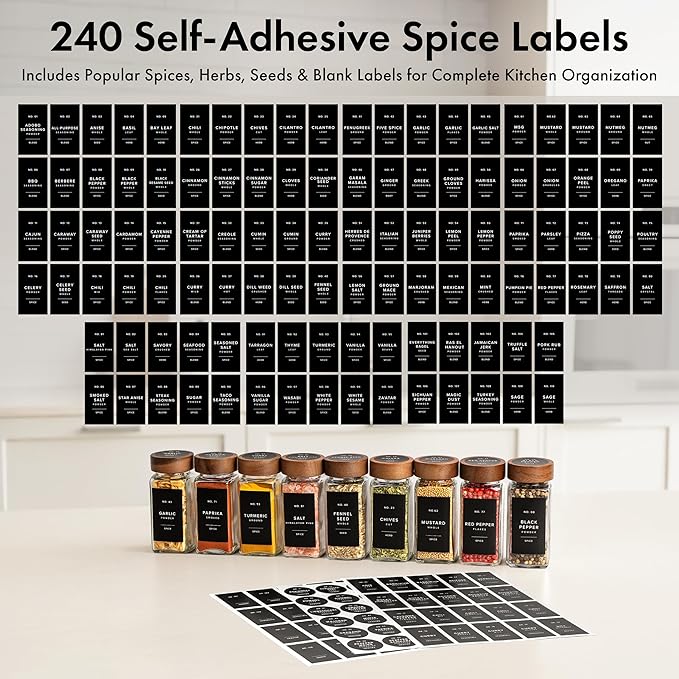EDELHAUS® Square Spice Jars with Acacia Wooden Lid (Pack of 24) Spice Jars with Shaker Insert and 240 Labels - Acacia Lid Glass Container for Spice Organisation [4.3 in × 1.8 in]