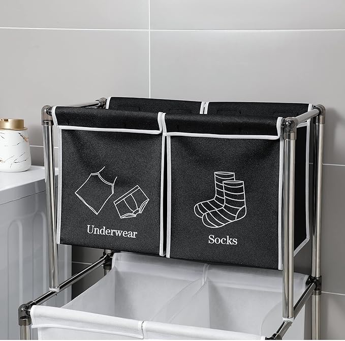 2 Tier Laundry Sorter with 4 Removable Bags for Organizing Clothes - Large Freestanding Laundry Hamper - Laundry Basket for Dirty Clothes in Laundry Room