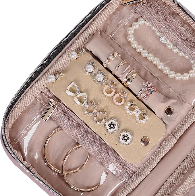NISHEL Travel Jewelry Case, Holiday Organizer for Necklaces, Earrings, Rings, Bracelets, Watch, Peach Pink
