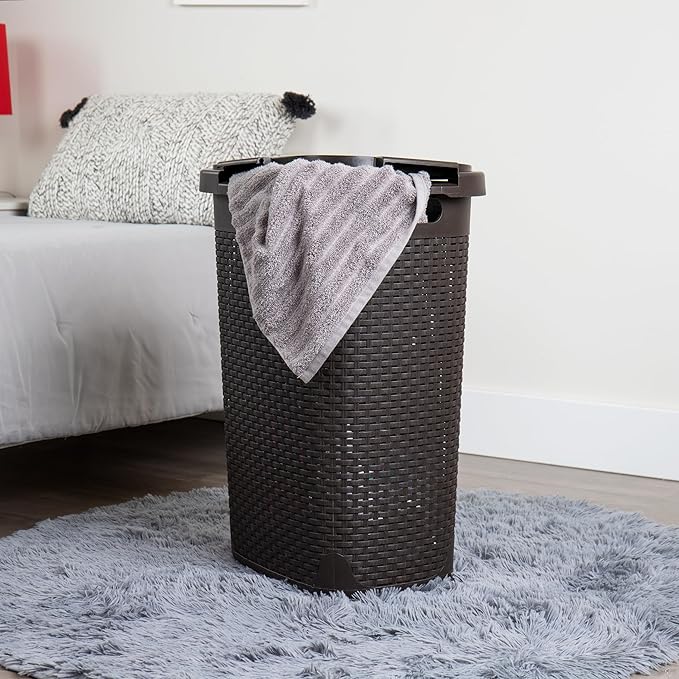 Mind Reader Slim Laundry Hamper with Lid, 60L Clothes Basket, Premium Wicker Design, Plastic, Brown