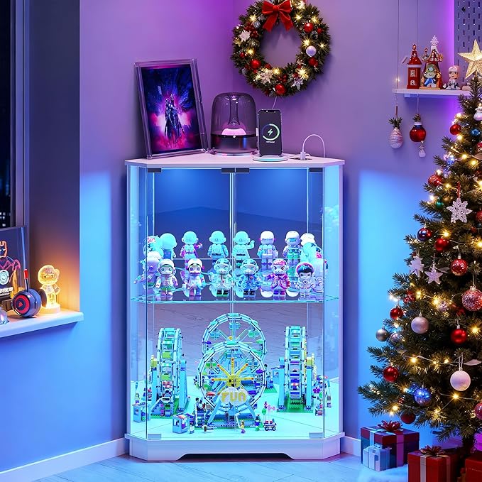 Corner Display Cabinet with Glass Doors, Small Display Case with 3-Color LED Lights and Charging Station, 2-Tier Curio Cabinet with Storage and Shelf, White