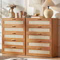 LEYAOYAO Rattan Dresser for Bedroom Set 2, 41" Tall Dressers Chest of Drawers, Boho Small Dressers with 5 Drawers, Tea Brown Dresser Wooden Closet Organizer for Living Room, Hallway