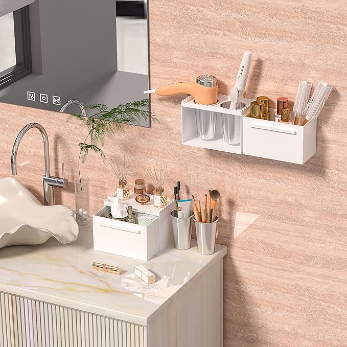 Hair Tool Organizer, Wall Mount Acrylic Hair Dryer Holder with 2 Cups Box Organizer, Scalloped Hair Styling Tools Organizer for Curling Iron Straightener Bathroom Storage(2 Cups Scalloped Box Set)
