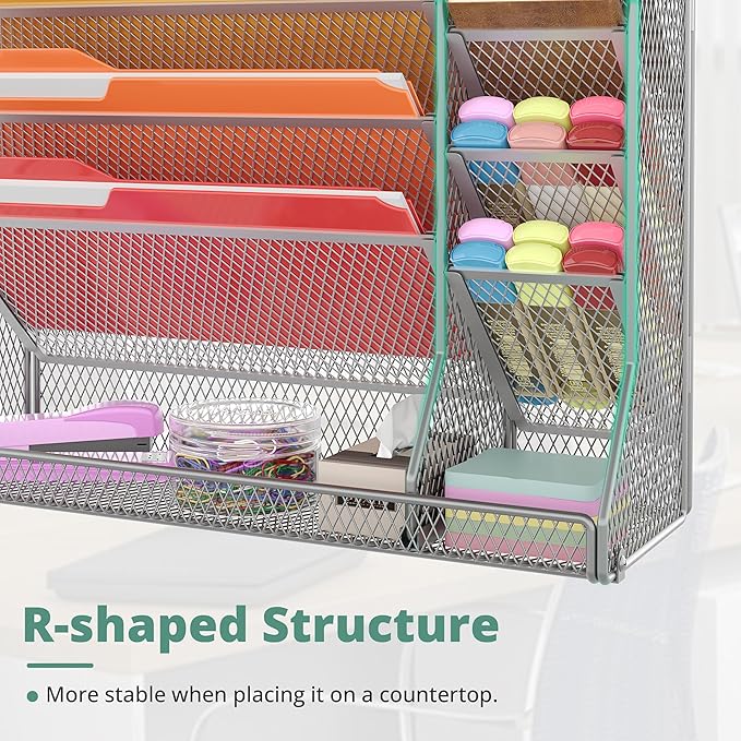 File Organizer Wall Mounted 4 Tiers Durable Adjustable Metal Vertical Hanging With 4 Pen Slots Stable R-shaped Bottom 4 Pull-out Devider to Sort File, Mail, Newspaper,Pen, Suitable for Office, Silver