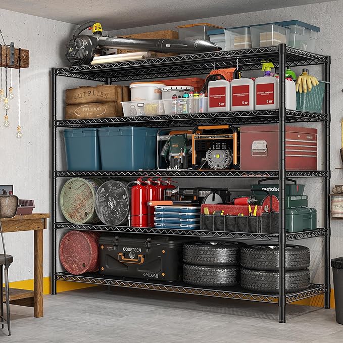 REIBII 85.7" H Storage Shelves 2998LBS Metal Shelving Unit with Wheels & Feet, 5 Tier Garage Shelving Heavy Duty Adjustable Wire Shelf for Pantry Kitchen Garage, 85.7" H X 55.5" W X 24.2" D, 2PCS