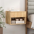 Floating Nightstand with Drawer and Open Shelf, Small Wall Mounted Bedside End Table, Modern Fluted Night Stand for Bedroom, Living Room, Natural Oak