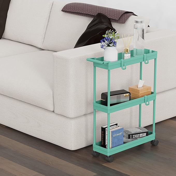 Simple Houseware 3-Tier Slim/Narrow Storage Cart with Handle, 5.5'' Wide x 26.5'' Height Rolling Organizer for Kitchen, Bathroom, Laundry Room - Turquoise