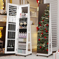 HNEBC 360° Swivel Mirrored Jewelry Armoire with 6 LEDS, Full Length Mirror with Jewelry Storage, Lockable Floor Standing Mirror with 4 Lockable Wheels for Cloakroom, Bedroom(White)