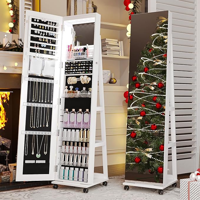 HNEBC 360° Swivel Mirrored Jewelry Armoire with 6 LEDS, Full Length Mirror with Jewelry Storage, Lockable Floor Standing Mirror with 4 Lockable Wheels for Cloakroom, Bedroom(White)