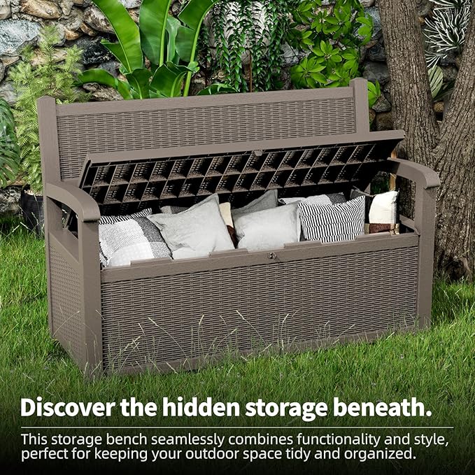 Outdoor Storage Bench - Waterproof Resin Patio Bench, Multi-Functional Patio Bench with Storage for Garden, Deck, or Entryway
