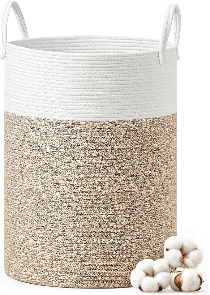SONGMICS Laundry Hamper, Cotton Rope Laundry Basket with Handles, for Children, Toys, Clothing, Living Room, Bedroom, 21.1 Gallons, 15.7 x 15.7 x 23.6 Inches, White and Grayish Brown URLH062LZ01