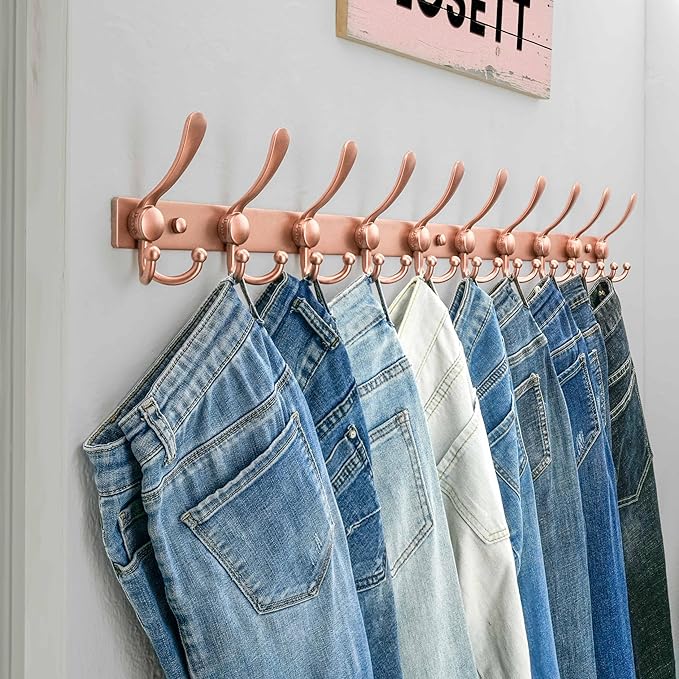 Dseap MaxStrong 2.0 Coat Rack Wall - 37” Long 10 Tri Hooks - Ultra Heavy-Duty Stainless Steel Wall Mount Coat Hanger, Hook Rail for Clothes Hats Jacket Towels Rose Gold