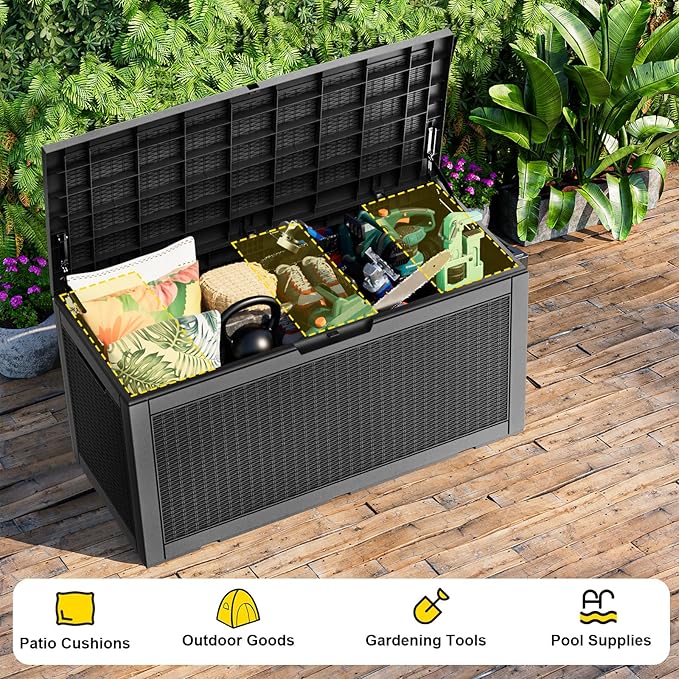 100 Gallon Deck Box,Resin Outdoor Storage Box with Lockable for Patio Furniture, Pool Accessories, Garden Tools Waterproof Outside Storage Box, Black