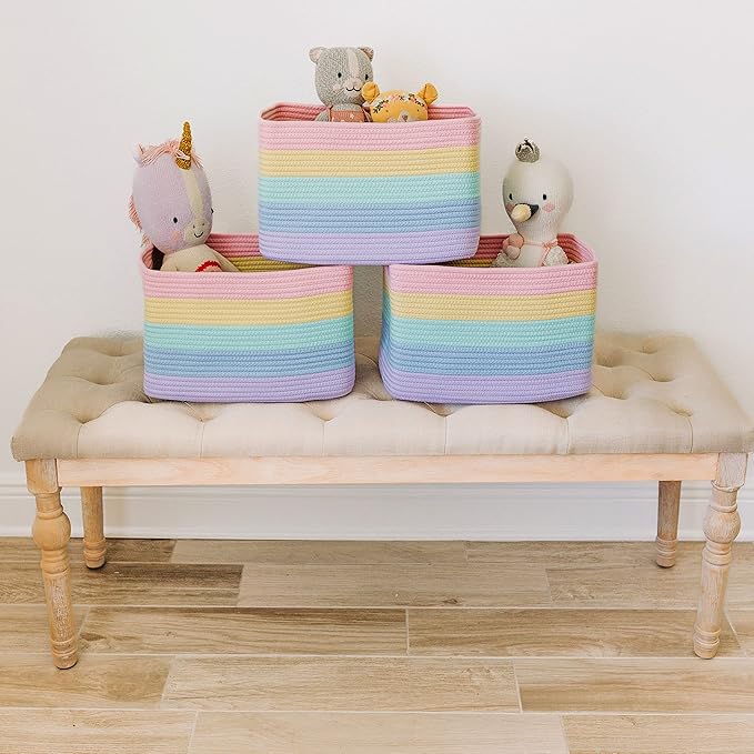 OrganiHaus Set of 3 Pastel Rainbow Woven Storage Baskets for Shelves, Decorative Organizer Bins for Kids Room, Nursery & Classroom, Colorful Toy Storage Basket for Playroom Decor – 15x9x10 inches