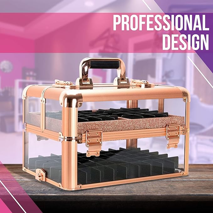 Ver Beauty Professional Armored Clear Acrylic Makeup Nail Tech Case with 2 Sliding Trays and Removable Dividers for Nail Polish Organizer Lockable Portable Travel Cosmetic Aluminum Case (Rose Gold)